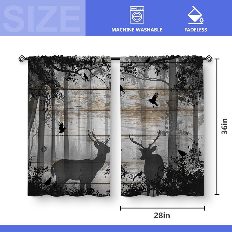 Aimego Deer Forest Kitchen Curtains - Hunting Vintage Small Short Cafe Tier Curtains Farmhouse Rustic Decor for Living Room Rod Pocket Window Drapes 36 Inch Length 2 Panels Set 28"x36" - Image 3
